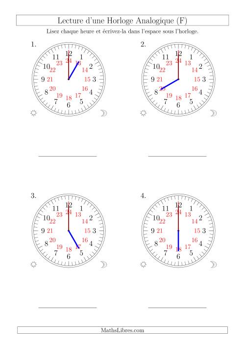 Lecture de l'Heure sur Une Horloge Analogique avec 60 Minutes  & Secondes d'Intervalle (4 Horloges) (F)