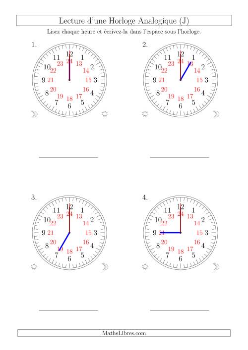 Lecture de l'Heure sur Une Horloge Analogique avec 60 Minutes  & Secondes d'Intervalle (4 Horloges) (J)