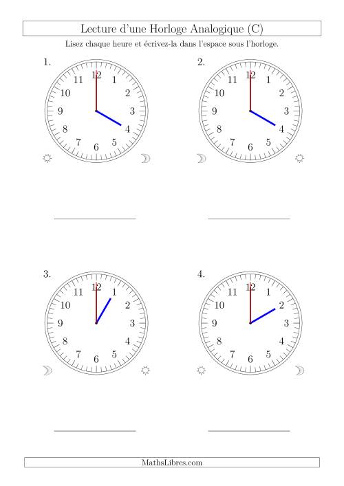 Lecture de l'Heure sur Une Horloge Analogique avec 60 Minutes & Secondes d'Intervalle (4 Horloges) (C)