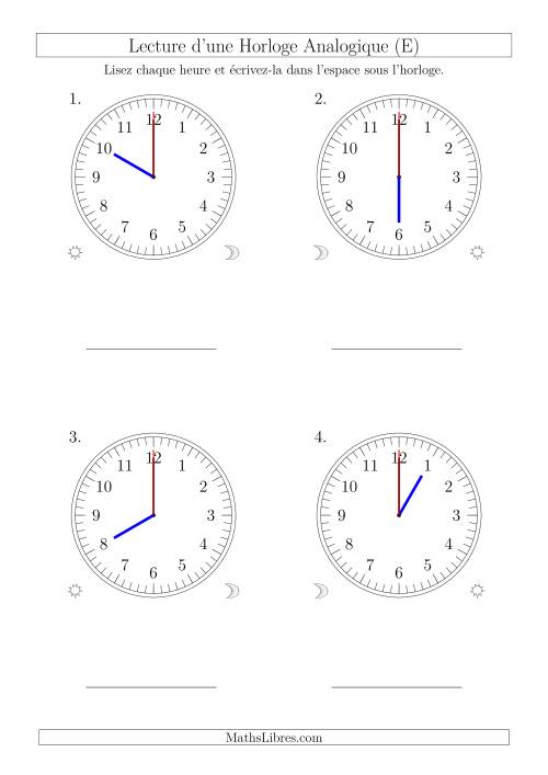 Lecture de l'Heure sur Une Horloge Analogique avec 60 Minutes & Secondes d'Intervalle (4 Horloges) (E)