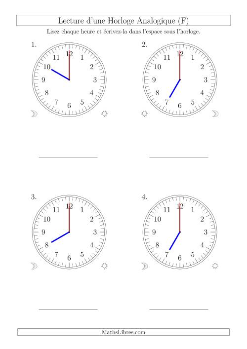 Lecture de l'Heure sur Une Horloge Analogique avec 60 Minutes & Secondes d'Intervalle (4 Horloges) (F)