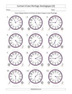 Lecture de l'Heure sur Une Horloge Analogique utilisant le système horaire sur 12 heures avec 1 Minutes d'Intervalle (12 Horloges)