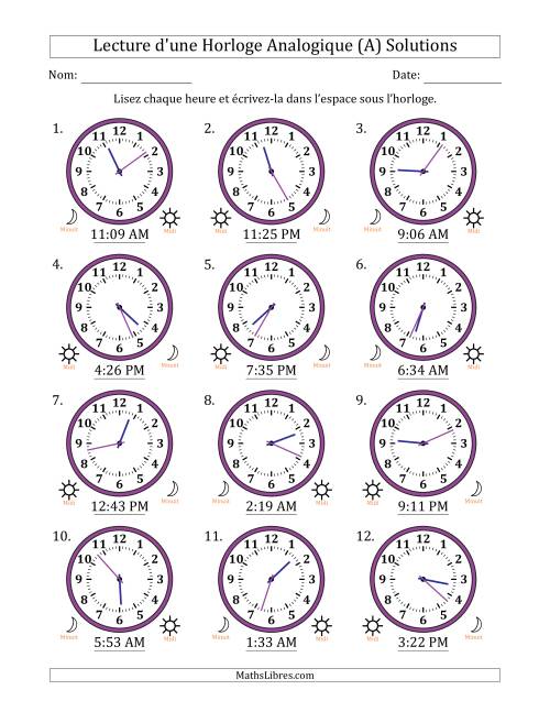 Lecture de l'Heure sur Une Horloge Analogique utilisant le système horaire sur 12 heures avec 1 Minutes d'Intervalle (12 Horloges) (A) page 2