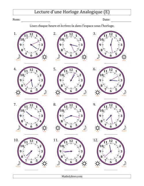Lecture de l'Heure sur Une Horloge Analogique utilisant le système horaire sur 12 heures avec 1 Minutes d'Intervalle (12 Horloges) (E)