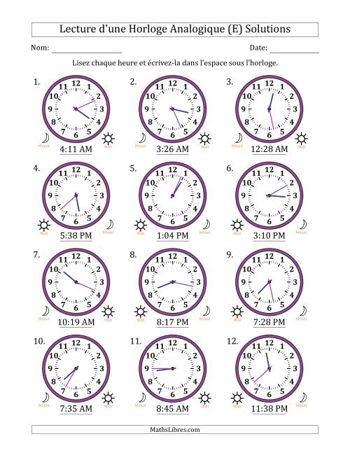 Lecture de l'Heure sur Une Horloge Analogique utilisant le système horaire sur 12 heures avec 1 Minutes d'Intervalle (12 Horloges) (E) page 2