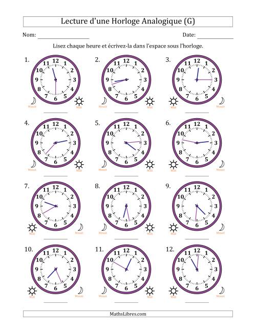 Lecture de l'Heure sur Une Horloge Analogique utilisant le système horaire sur 12 heures avec 1 Minutes d'Intervalle (12 Horloges) (G)