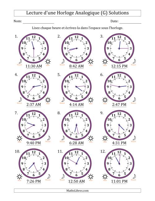 Lecture de l'Heure sur Une Horloge Analogique utilisant le système horaire sur 12 heures avec 1 Minutes d'Intervalle (12 Horloges) (G) page 2