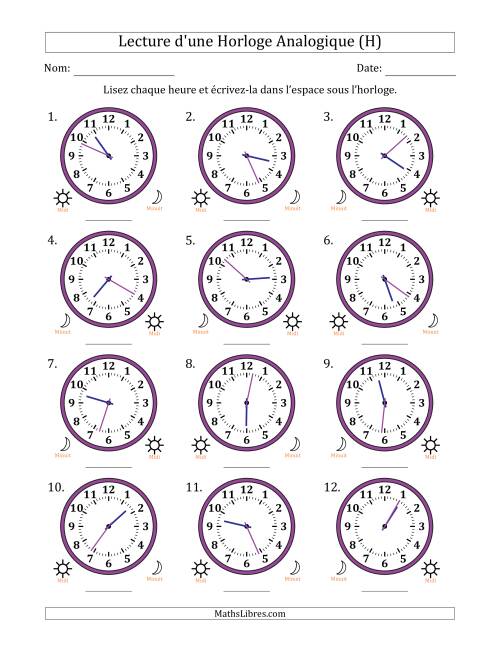 Lecture de l'Heure sur Une Horloge Analogique utilisant le système horaire sur 12 heures avec 1 Minutes d'Intervalle (12 Horloges) (H)