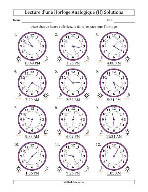 Lecture de l'Heure sur Une Horloge Analogique utilisant le système horaire sur 12 heures avec 1 Minutes d'Intervalle (12 Horloges) (H) page 2