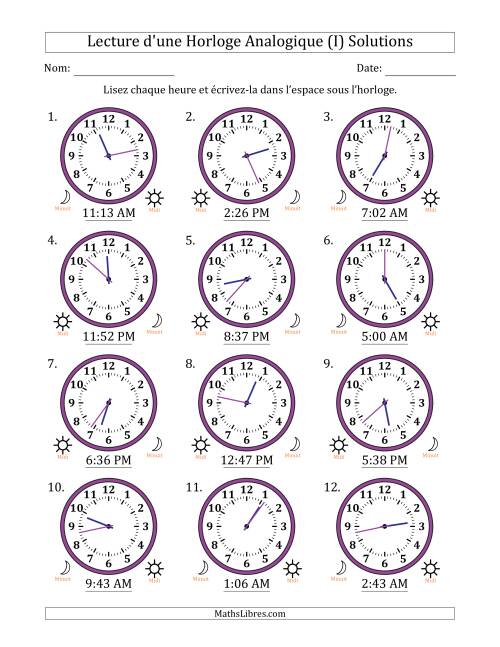 Lecture de l'Heure sur Une Horloge Analogique utilisant le système horaire sur 12 heures avec 1 Minutes d'Intervalle (12 Horloges) (I) page 2