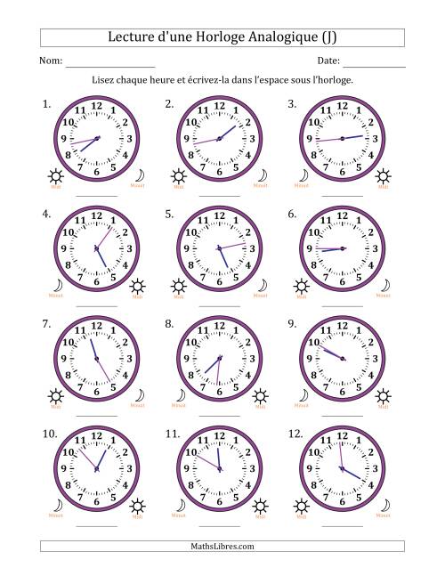 Lecture de l'Heure sur Une Horloge Analogique utilisant le système horaire sur 12 heures avec 1 Minutes d'Intervalle (12 Horloges) (J)