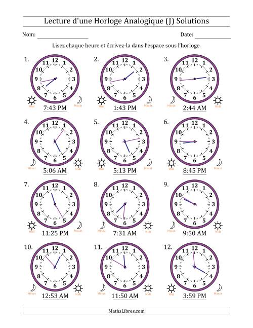 Lecture de l'Heure sur Une Horloge Analogique utilisant le système horaire sur 12 heures avec 1 Minutes d'Intervalle (12 Horloges) (J) page 2