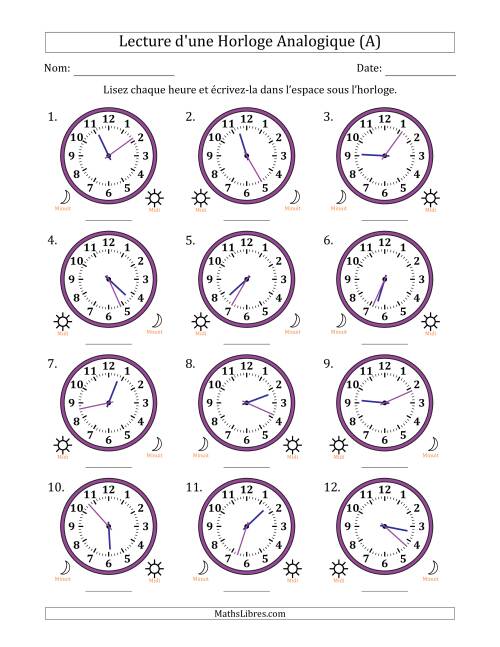 Lecture de l'Heure sur Une Horloge Analogique utilisant le système horaire sur 12 heures avec 1 Minutes d'Intervalle (12 Horloges) (Tout)