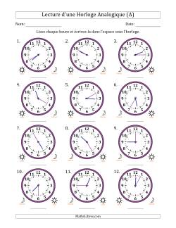 Lecture de l'Heure sur Une Horloge Analogique utilisant le système horaire sur 12 heures avec 5 Minutes d'Intervalle (12 Horloges)