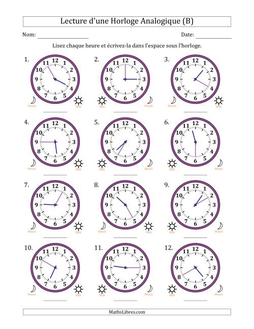 Lecture de l'Heure sur Une Horloge Analogique utilisant le système horaire sur 12 heures avec 5 Minutes d'Intervalle (12 Horloges) (B)