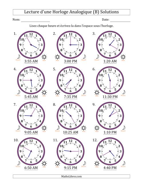 Lecture de l'Heure sur Une Horloge Analogique utilisant le système horaire sur 12 heures avec 5 Minutes d'Intervalle (12 Horloges) (B) page 2