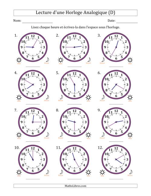 Lecture de l'Heure sur Une Horloge Analogique utilisant le système horaire sur 12 heures avec 5 Minutes d'Intervalle (12 Horloges) (D)