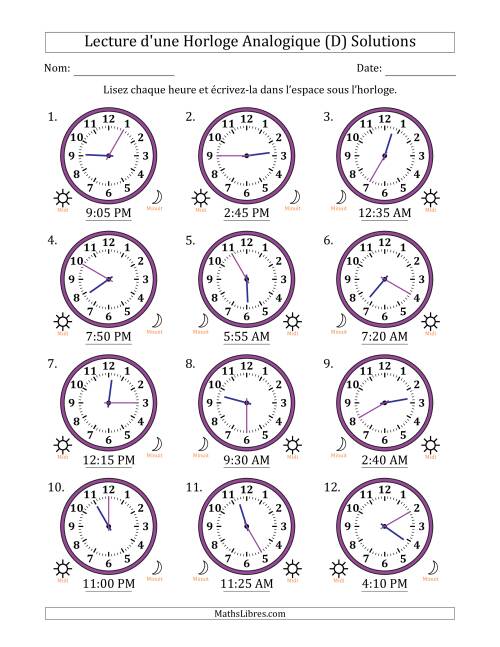 Lecture de l'Heure sur Une Horloge Analogique utilisant le système horaire sur 12 heures avec 5 Minutes d'Intervalle (12 Horloges) (D) page 2
