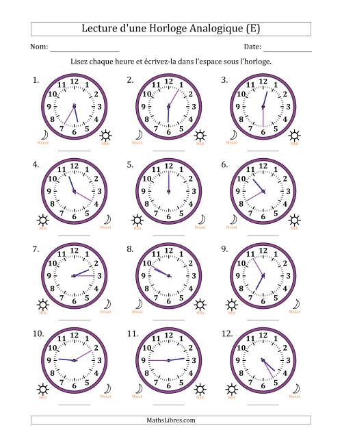Lecture de l'Heure sur Une Horloge Analogique utilisant le système horaire sur 12 heures avec 5 Minutes d'Intervalle (12 Horloges) (E)