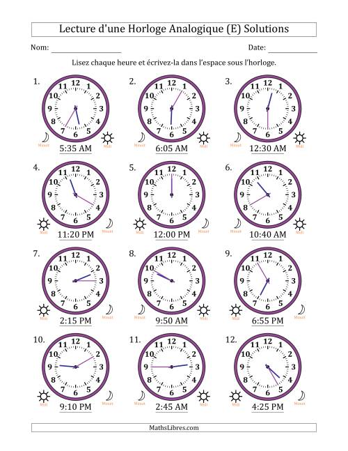 Lecture de l'Heure sur Une Horloge Analogique utilisant le système horaire sur 12 heures avec 5 Minutes d'Intervalle (12 Horloges) (E) page 2