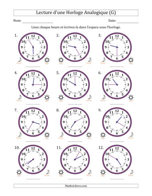 Lecture de l'Heure sur Une Horloge Analogique utilisant le système horaire sur 12 heures avec 5 Minutes d'Intervalle (12 Horloges) (G)