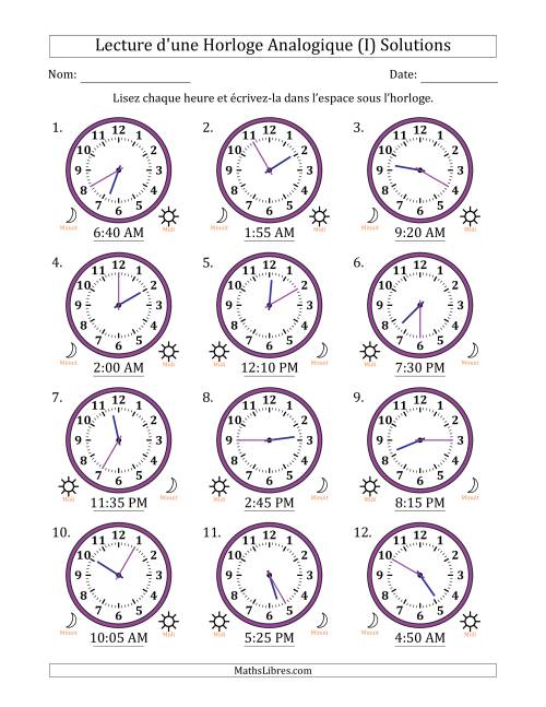 Lecture de l'Heure sur Une Horloge Analogique utilisant le système horaire sur 12 heures avec 5 Minutes d'Intervalle (12 Horloges) (I) page 2