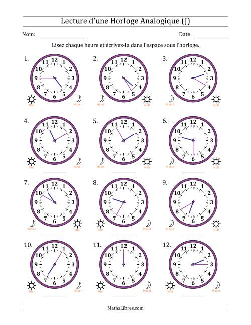 Lecture de l'Heure sur Une Horloge Analogique utilisant le système horaire sur 12 heures avec 5 Minutes d'Intervalle (12 Horloges) (J)