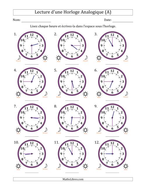 Lecture de l'Heure sur Une Horloge Analogique utilisant le système horaire sur 12 heures avec 15 Minutes d'Intervalle (12 Horloges) (A)