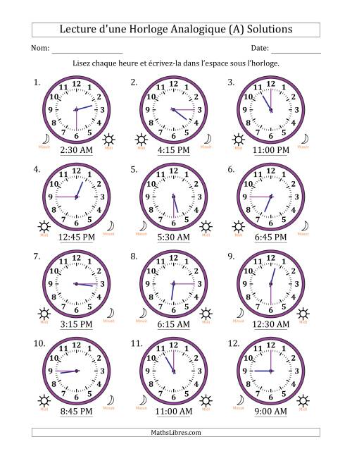 Lecture de l'Heure sur Une Horloge Analogique utilisant le système horaire sur 12 heures avec 15 Minutes d'Intervalle (12 Horloges) (A) page 2