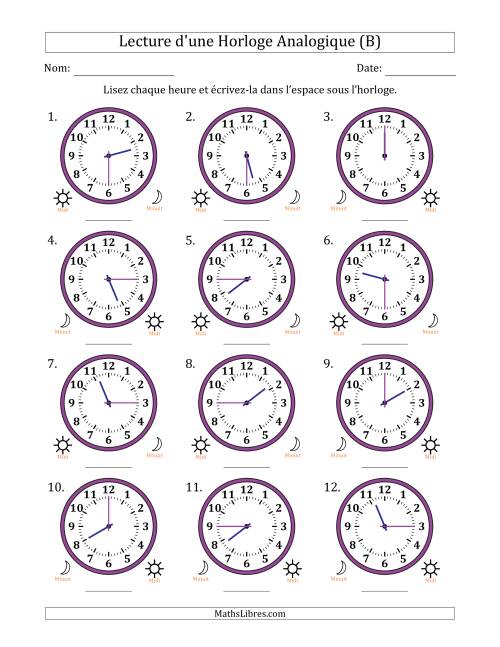 Lecture de l'Heure sur Une Horloge Analogique utilisant le système horaire sur 12 heures avec 15 Minutes d'Intervalle (12 Horloges) (B)