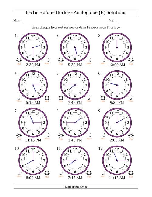 Lecture de l'Heure sur Une Horloge Analogique utilisant le système horaire sur 12 heures avec 15 Minutes d'Intervalle (12 Horloges) (B) page 2