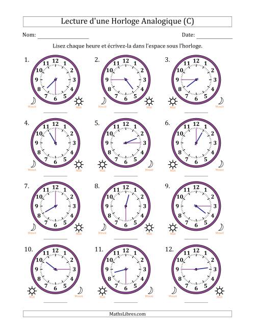 Lecture de l'Heure sur Une Horloge Analogique utilisant le système horaire sur 12 heures avec 15 Minutes d'Intervalle (12 Horloges) (C)