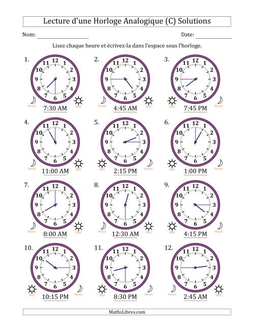 Lecture de l'Heure sur Une Horloge Analogique utilisant le système horaire sur 12 heures avec 15 Minutes d'Intervalle (12 Horloges) (C) page 2