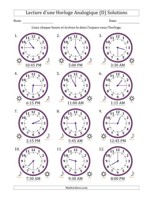 Lecture de l'Heure sur Une Horloge Analogique utilisant le système horaire sur 12 heures avec 15 Minutes d'Intervalle (12 Horloges) (D) page 2