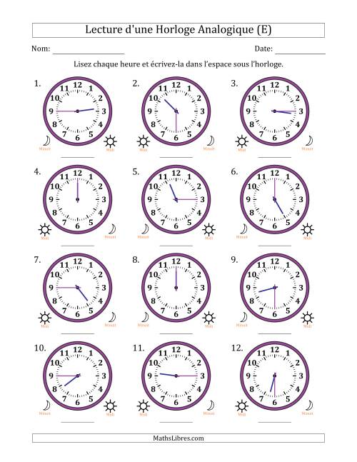 Lecture de l'Heure sur Une Horloge Analogique utilisant le système horaire sur 12 heures avec 15 Minutes d'Intervalle (12 Horloges) (E)