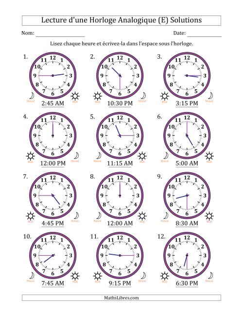 Lecture de l'Heure sur Une Horloge Analogique utilisant le système horaire sur 12 heures avec 15 Minutes d'Intervalle (12 Horloges) (E) page 2