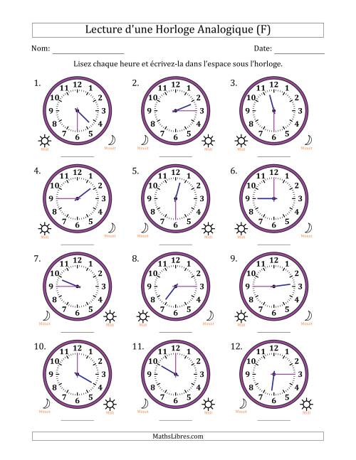 Lecture de l'Heure sur Une Horloge Analogique utilisant le système horaire sur 12 heures avec 15 Minutes d'Intervalle (12 Horloges) (F)
