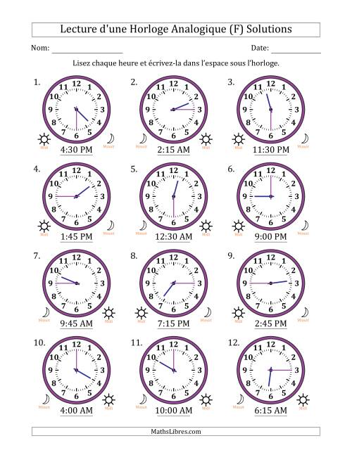 Lecture de l'Heure sur Une Horloge Analogique utilisant le système horaire sur 12 heures avec 15 Minutes d'Intervalle (12 Horloges) (F) page 2