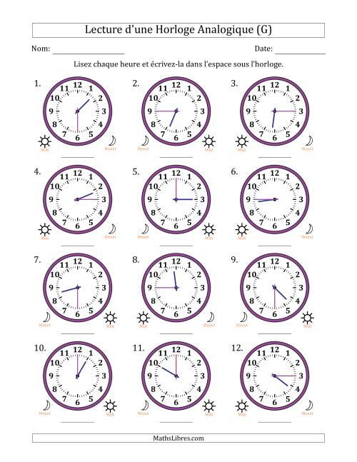 Lecture de l'Heure sur Une Horloge Analogique utilisant le système horaire sur 12 heures avec 15 Minutes d'Intervalle (12 Horloges) (G)
