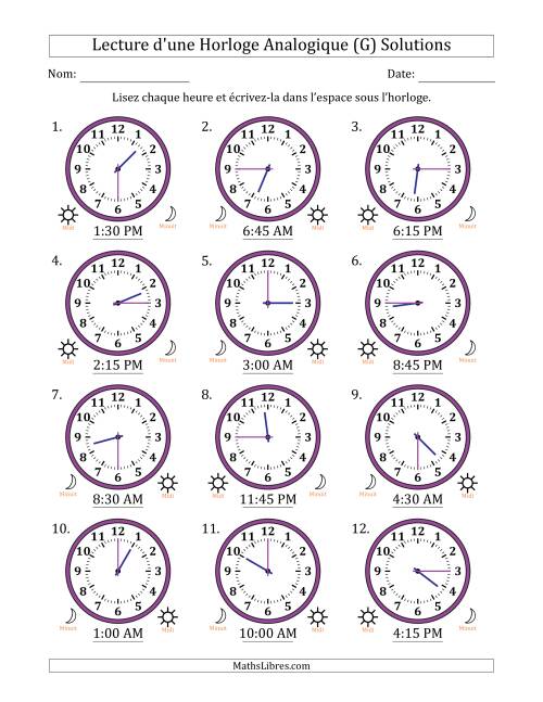 Lecture de l'Heure sur Une Horloge Analogique utilisant le système horaire sur 12 heures avec 15 Minutes d'Intervalle (12 Horloges) (G) page 2
