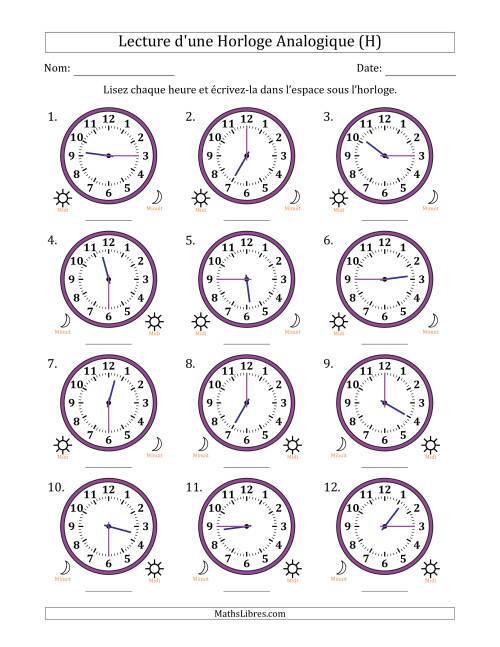 Lecture de l'Heure sur Une Horloge Analogique utilisant le système horaire sur 12 heures avec 15 Minutes d'Intervalle (12 Horloges) (H)