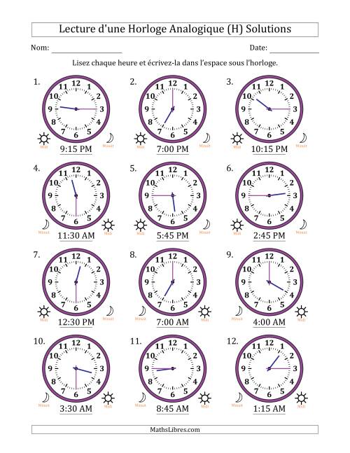 Lecture de l'Heure sur Une Horloge Analogique utilisant le système horaire sur 12 heures avec 15 Minutes d'Intervalle (12 Horloges) (H) page 2