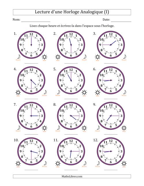 Lecture de l'Heure sur Une Horloge Analogique utilisant le système horaire sur 12 heures avec 15 Minutes d'Intervalle (12 Horloges) (I)