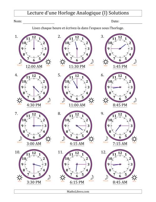Lecture de l'Heure sur Une Horloge Analogique utilisant le système horaire sur 12 heures avec 15 Minutes d'Intervalle (12 Horloges) (I) page 2