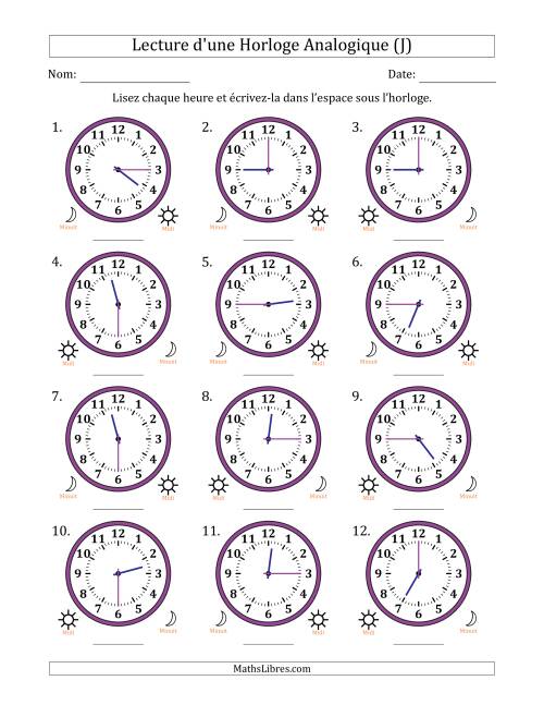 Lecture de l'Heure sur Une Horloge Analogique utilisant le système horaire sur 12 heures avec 15 Minutes d'Intervalle (12 Horloges) (J)