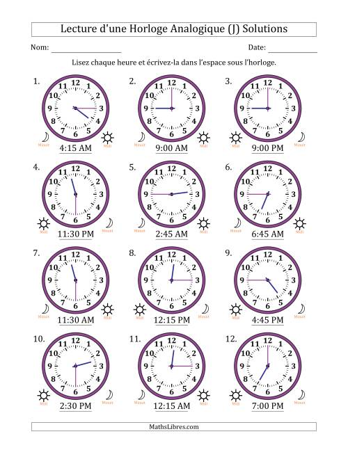 Lecture de l'Heure sur Une Horloge Analogique utilisant le système horaire sur 12 heures avec 15 Minutes d'Intervalle (12 Horloges) (J) page 2