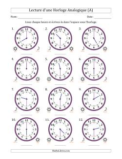 Lecture de l'Heure sur Une Horloge Analogique utilisant le système horaire sur 12 heures avec 30 Minutes d'Intervalle (12 Horloges)