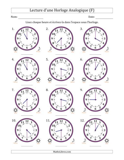Lecture de l'Heure sur Une Horloge Analogique utilisant le système horaire sur 12 heures avec 30 Minutes d'Intervalle (12 Horloges) (F)
