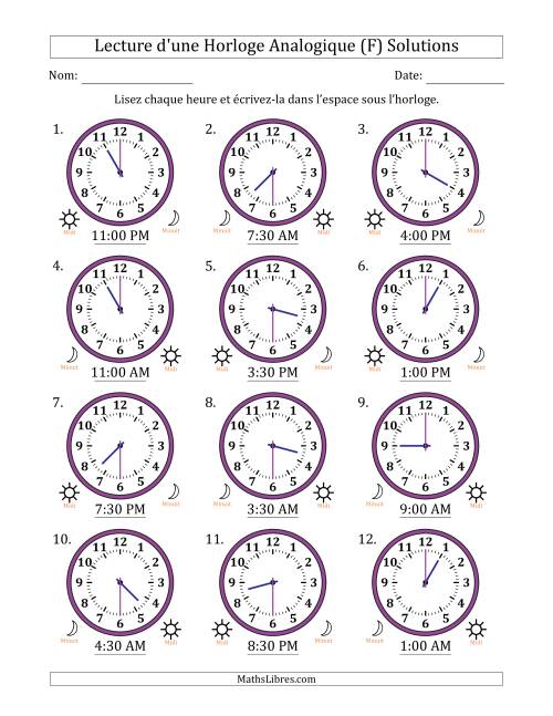 Lecture de l'Heure sur Une Horloge Analogique utilisant le système horaire sur 12 heures avec 30 Minutes d'Intervalle (12 Horloges) (F) page 2