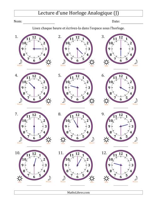 Lecture de l'Heure sur Une Horloge Analogique utilisant le système horaire sur 12 heures avec 30 Minutes d'Intervalle (12 Horloges) (J)